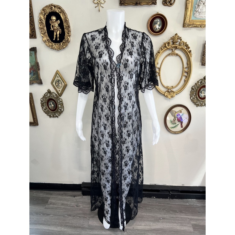 Juliet Melbourne Vintage Black Floral Lace Duster Robe Size 16